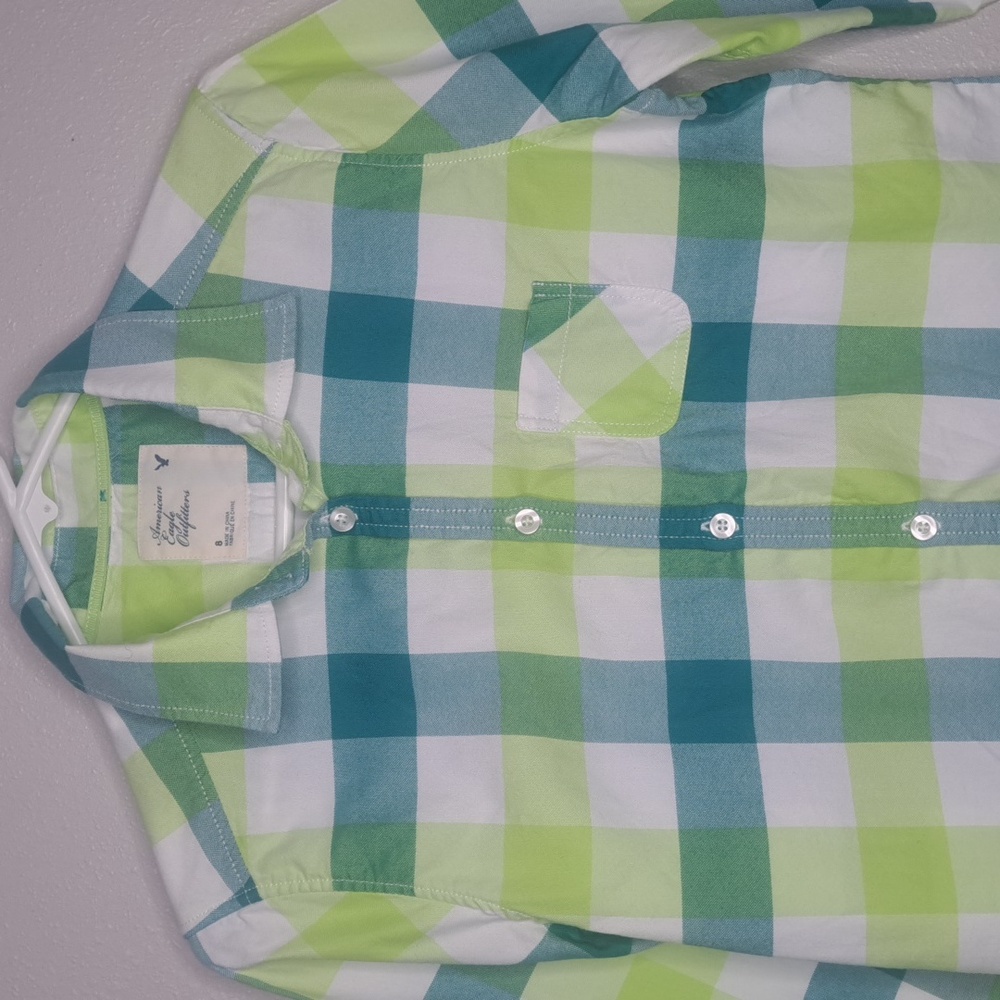 American Eagle Outfitters Junior Girls Shirt Button-up Teal Neon Green Plaid 8